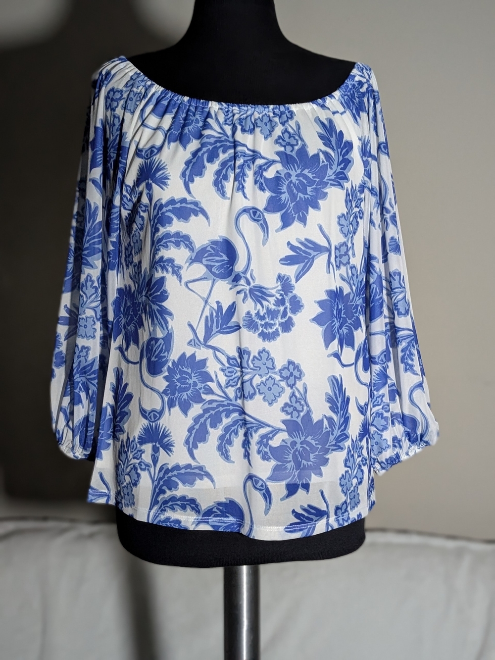 Small White Off-Shoulder Top with Blue Flamingo 🦩 Print
